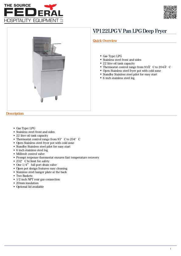 GasMax VP122LPG V Pan LPG Deep Fryer 22L 400mm