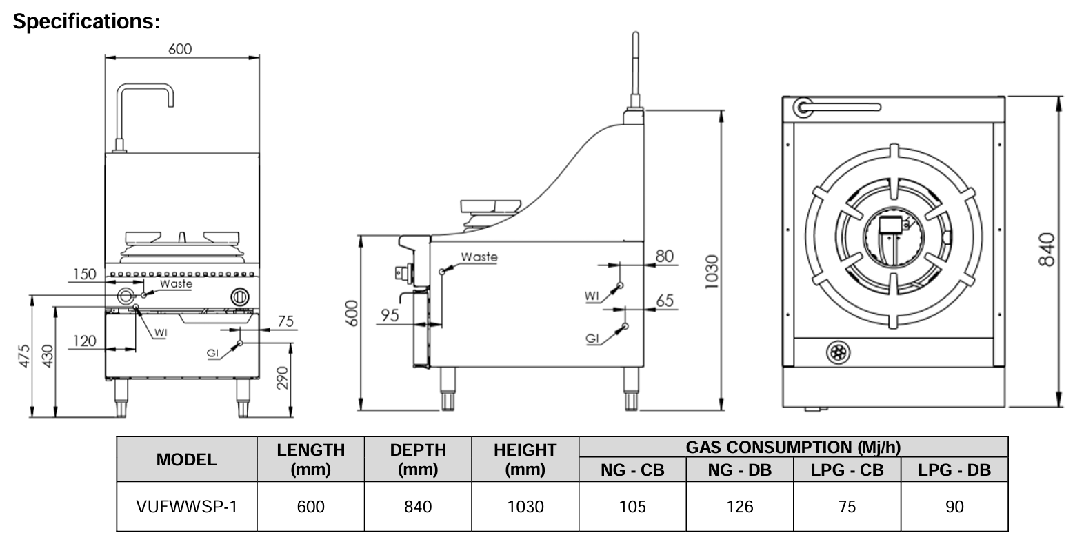 B+S VERRO SERIES: VUFWWSP-1 Single Hole Waterless Stock Pot Cooker