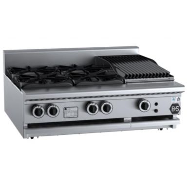 B+S Black Combination Tops Four Open Burners & 300mm Char Broiler Bench Mounted BT-SB4-CBR3BM