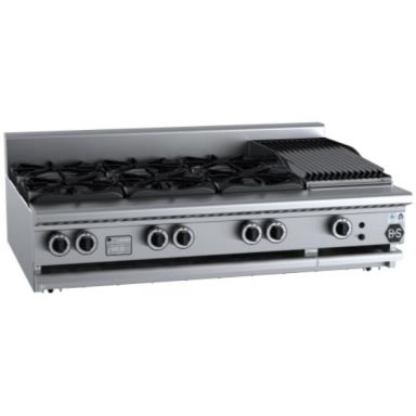 B+S Black Combination Tops Six Open Burners & 300mm Char Broiler Bench Mounted BT-SB6-CBR3BM