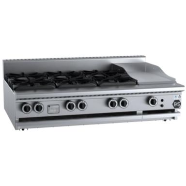 B+S Black Combination Tops Six Open Burners & 300mm Grill Plate Bench Mounted BT-SB6-GRP3BM