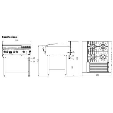 B+S K+ Combination Boiling Tops Four Open Burners & 300mm Char Broiler On Stand KBT-SB4-CBR3