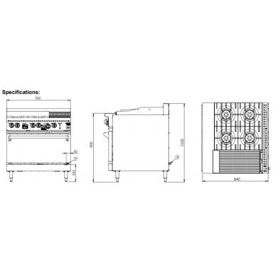 B+S K+ Combination Ovens with Four Open Burners 300mm Char Broiler KOV-SB4-CBR3