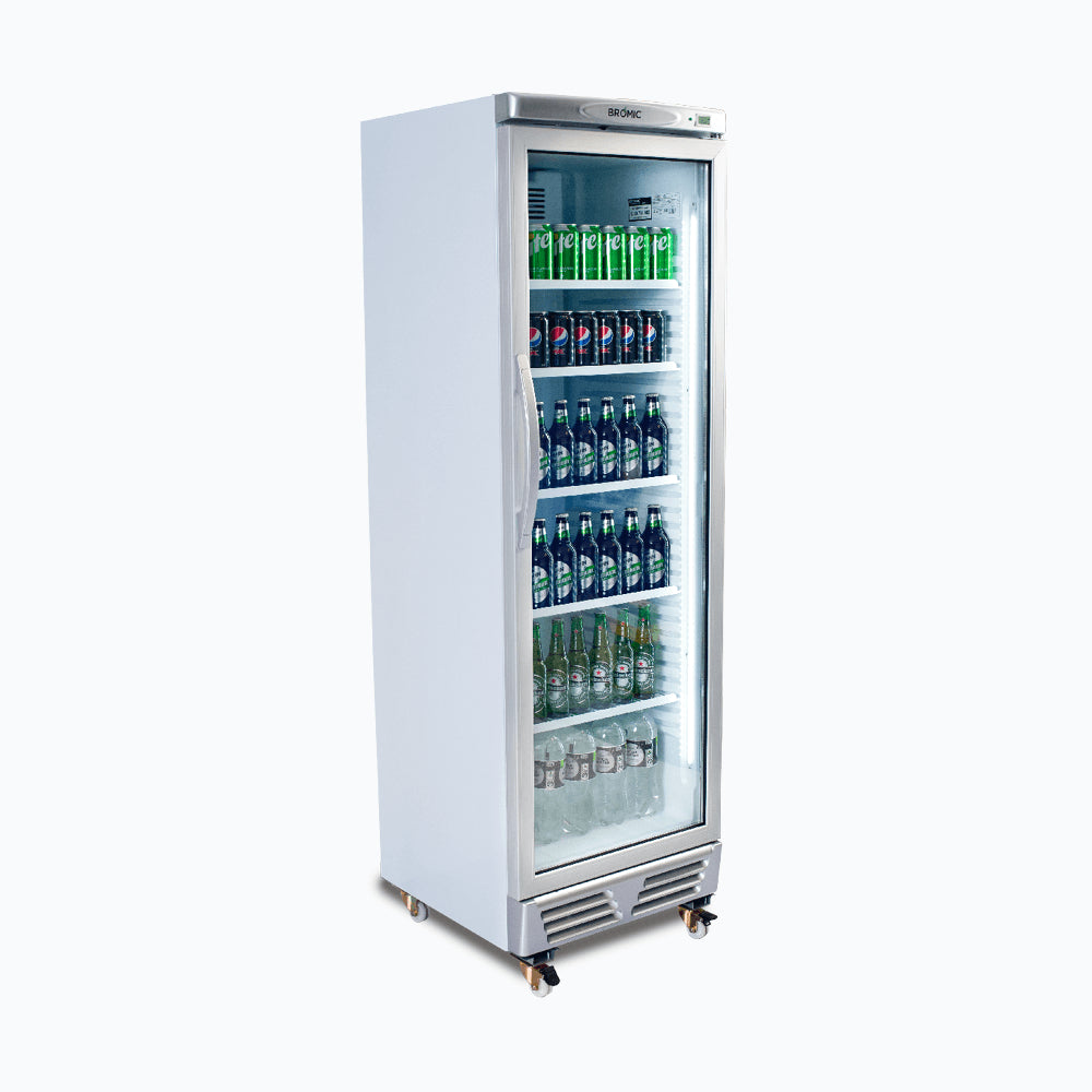 Bromic - Upright Display Fridge - 372L - 1 Door - Flat Glass - White with Silver Trim