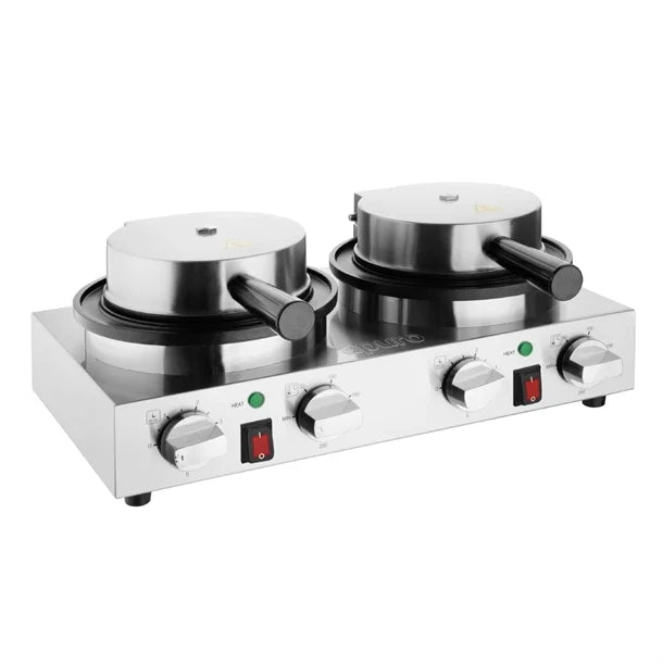 Apuro Double Round Belgian Waffle Maker - 2kW. Makes up to 60x 180mm diameter waffles/hr
