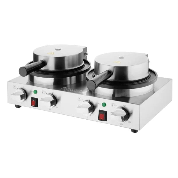 Apuro Double Round Belgian Waffle Maker - 2kW. Makes up to 60x 180mm diameter waffles/hr