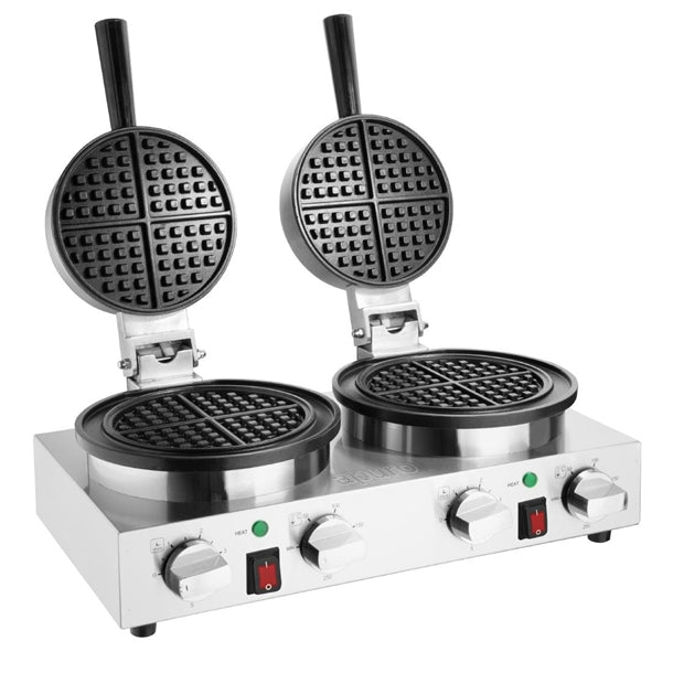 Apuro Double Round Belgian Waffle Maker - 2kW. Makes up to 60x 180mm diameter waffles/hr