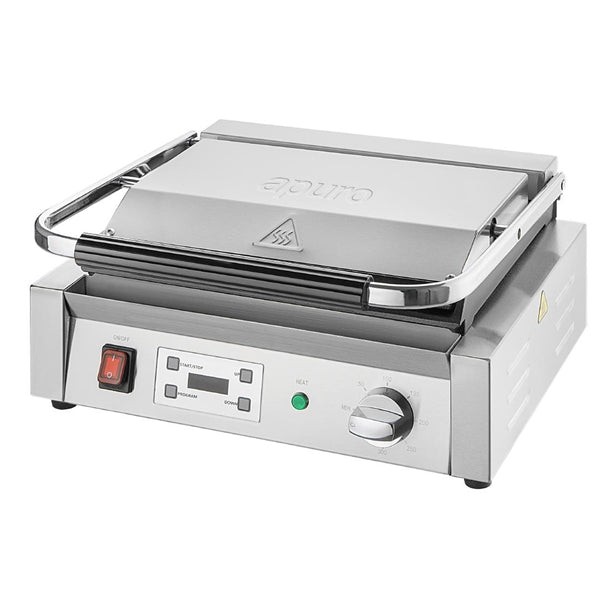 Apuro Large Contact Grill Flat Plates with Timer - 2.2kW | Flat upper and lower plates | Dimensions: 215(H) x 480(W) x 435(D)mm | 15 Amp