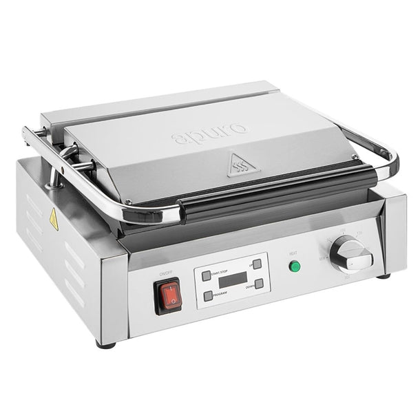 Apuro Large Contact Grill Flat Plates with Timer - 2.2kW | Flat upper and lower plates | Dimensions: 215(H) x 480(W) x 435(D)mm | 15 Amp