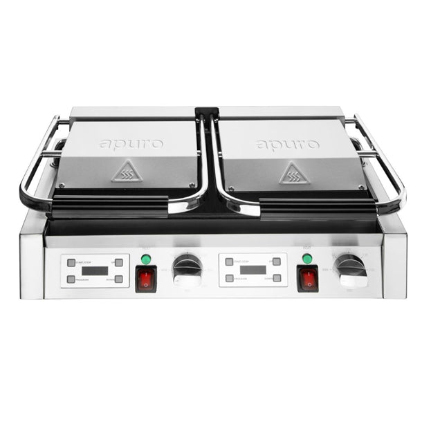 Apuro Double Contact Grill Ribbed Plates with Timer - Power: 2.9kW | Ribbed upper and lower plates | Dimensions: 210(H) x 550(W) x 395(D)mm