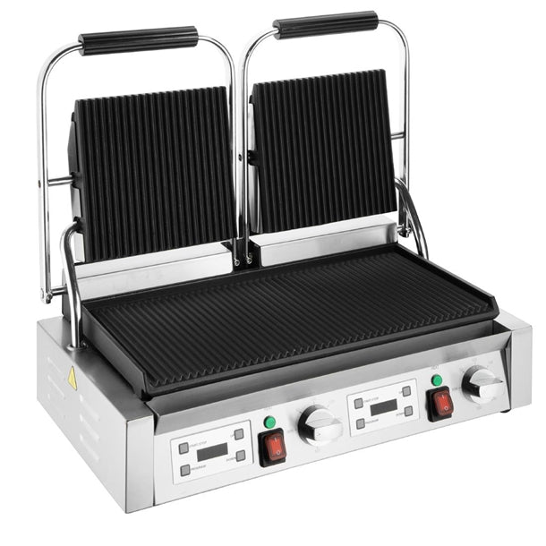 Apuro Double Contact Grill Ribbed Plates with Timer - Power: 2.9kW | Ribbed upper and lower plates | Dimensions: 210(H) x 550(W) x 395(D)mm