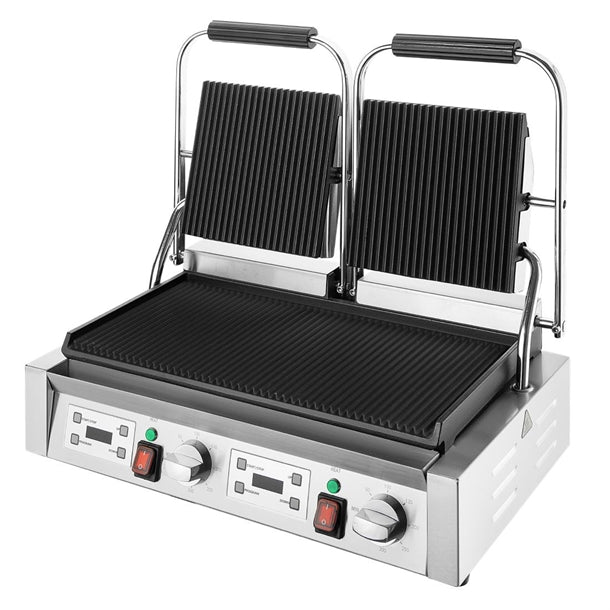 Apuro Double Contact Grill Ribbed Plates with Timer - Power: 2.9kW | Ribbed upper and lower plates | Dimensions: 210(H) x 550(W) x 395(D)mm