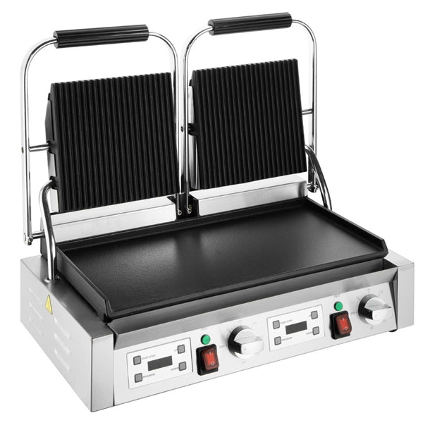 Apuro Double Contact Grill Flat Base Ribbed Top Plate - 3.6kW | Flat base, ribbed top | 2x 13amp plugs