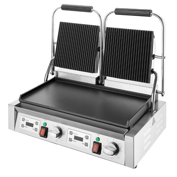 Apuro Double Contact Grill Flat Base Ribbed Top Plate - 3.6kW | Flat base, ribbed top | 2x 13amp plugs