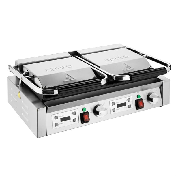 Apuro Double Half Ribbed Contact Grill - Power: 2.9kW | Double grill. Ribbed & flat plates