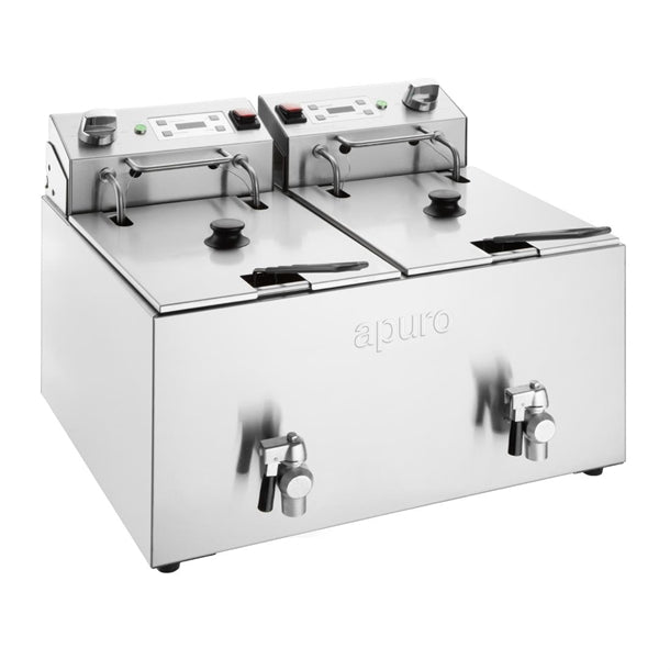 Apuro Twin Tank Electric Fryer with Timer - 2x8Ltr - 2x2.9kW - 2x2.9kW. Oil Capacity: 2x8Ltr. Chip output: up to 16kg/hr