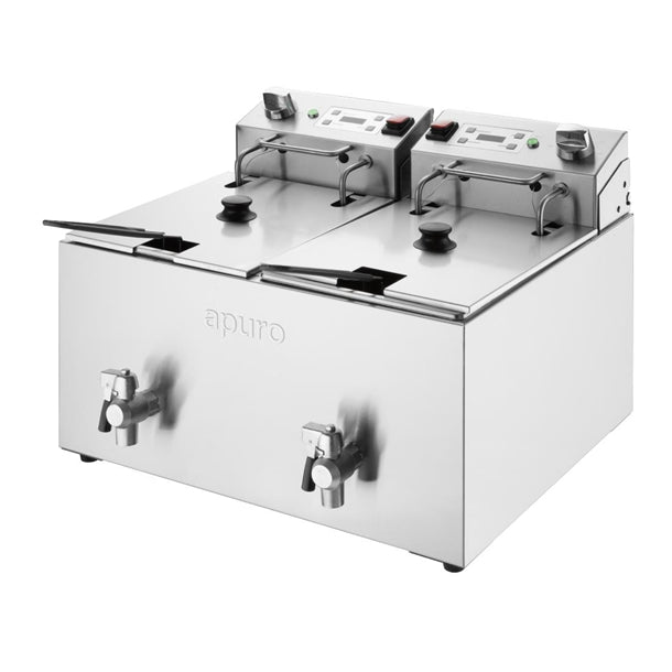 Apuro Twin Tank Electric Fryer with Timer - 2x8Ltr - 2x2.9kW - 2x2.9kW. Oil Capacity: 2x8Ltr. Chip output: up to 16kg/hr