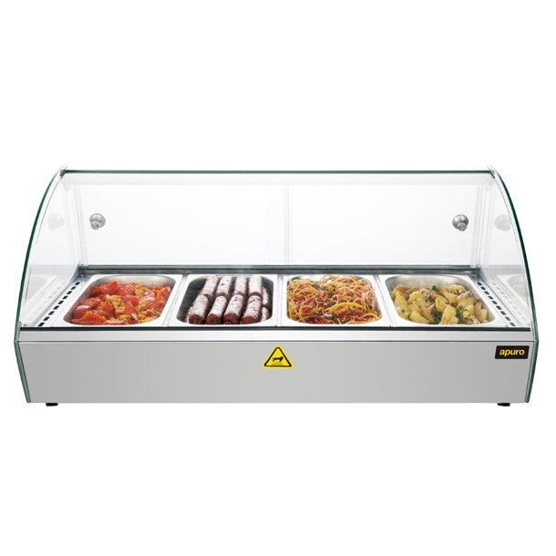 Apuro Countertop Heated Food Display 773mm - 500W. Capacity: 4x 1/3GN. Glass front. Sliding rear doors.