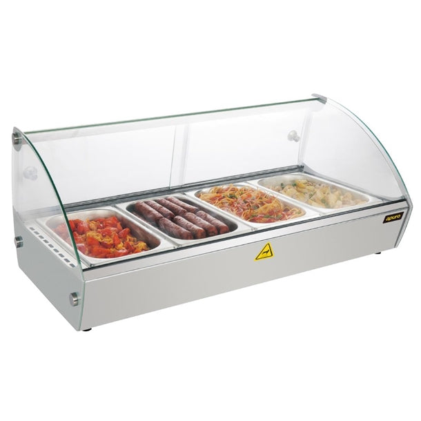 Apuro Countertop Heated Food Display 773mm - 500W. Capacity: 4x 1/3GN. Glass front. Sliding rear doors.