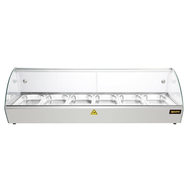 Apuro Countertop Heated Food Display 1127mm - 800W. Capacity: 6x 1/3GN. Glass front. Sliding rear doors.