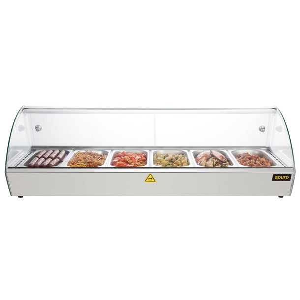 Apuro Countertop Heated Food Display 1127mm - 800W. Capacity: 6x 1/3GN. Glass front. Sliding rear doors.