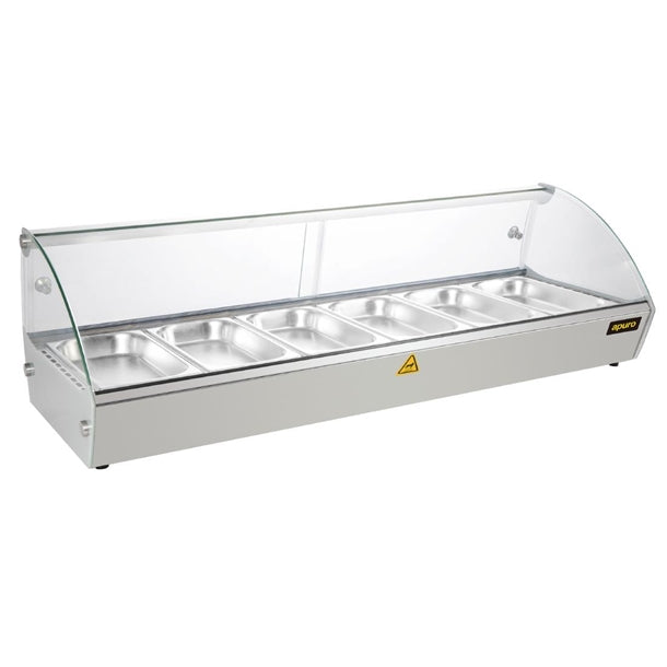 Apuro Countertop Heated Food Display 1127mm - 800W. Capacity: 6x 1/3GN. Glass front. Sliding rear doors.