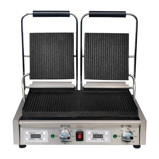 Apuro Double Contact Grill Ribbed Plates with Timer - Power: 2.9kW | Ribbed upper and lower plates | Dimensions: 210(H) x 550(W) x 395(D)mm