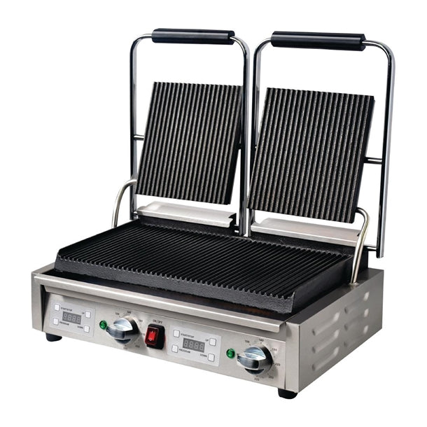 Apuro Double Contact Grill Ribbed Plates with Timer - Power: 2.9kW | Ribbed upper and lower plates | Dimensions: 210(H) x 550(W) x 395(D)mm