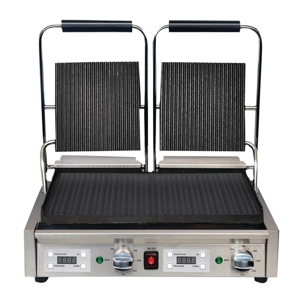 Apuro Double Contact Grill Ribbed Top Plates with Timer - 2.9kW. 15Amp. Ribbed upper and flat lower plates. Dimensions: 210(H) x 550(W) x 395(D)mm