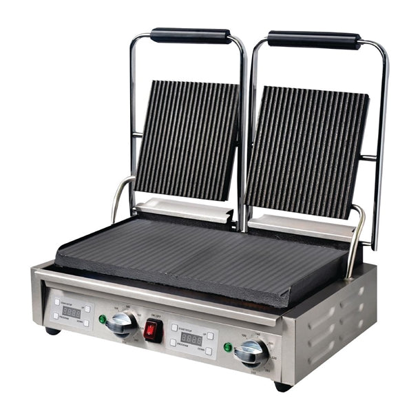Apuro Double Contact Grill Ribbed Top Plates with Timer - 2.9kW. 15Amp. Ribbed upper and flat lower plates. Dimensions: 210(H) x 550(W) x 395(D)mm