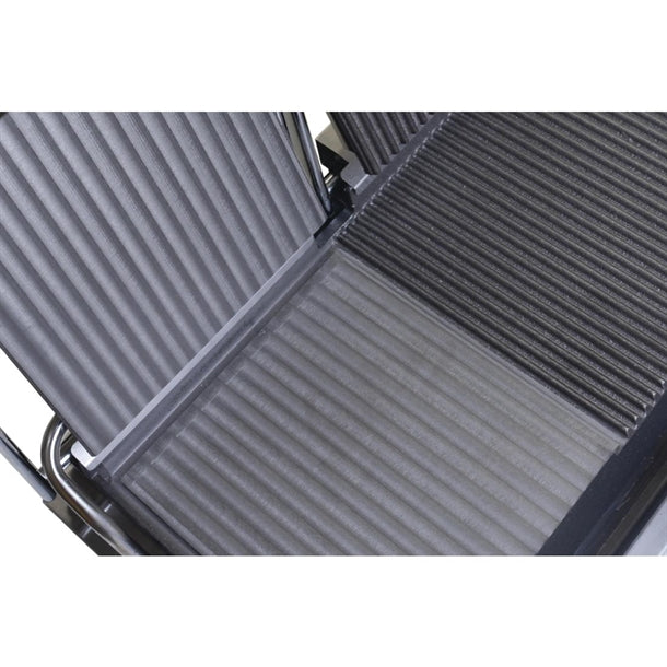 Apuro Double Half Ribbed Contact Grill - Power: 2.9kW. Double grill. Ribbed & flat plates