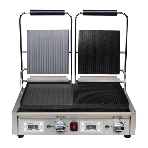 Apuro Double Half Ribbed Contact Grill - Power: 2.9kW. Double grill. Ribbed & flat plates