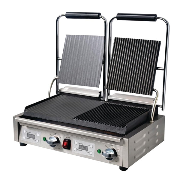 Apuro Double Half Ribbed Contact Grill - Power: 2.9kW. Double grill. Ribbed & flat plates