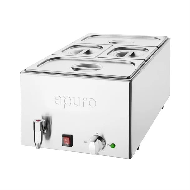 Apuro Bain Marie with Tap and Pans - 1.2kW Wet Heat with Drain Tap. 2x GN 1/3 & 2x GN 1/6 pans included