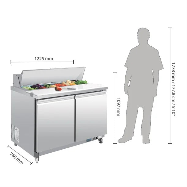 Polar U-Series Double Door Prep Counter Fridge 405Ltr - 300W. Capacity: 12x 1/6GN. R290