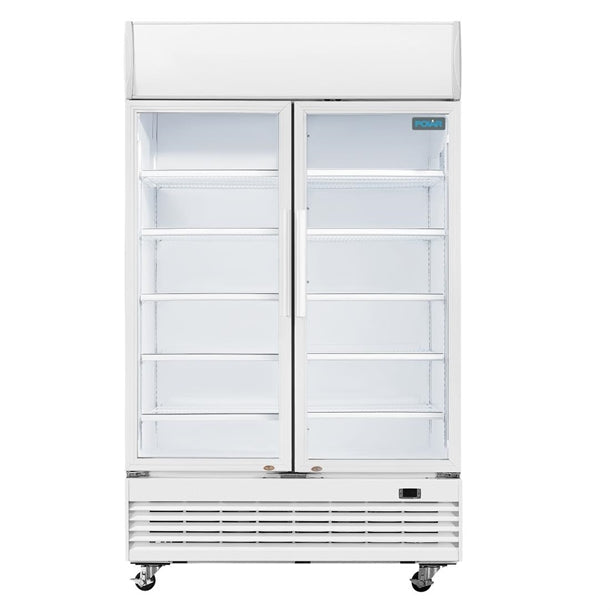 Polar G-Series Upright Display Cooler with Light Box 950Ltr - 500W. White finish. R290. Hinged Doors