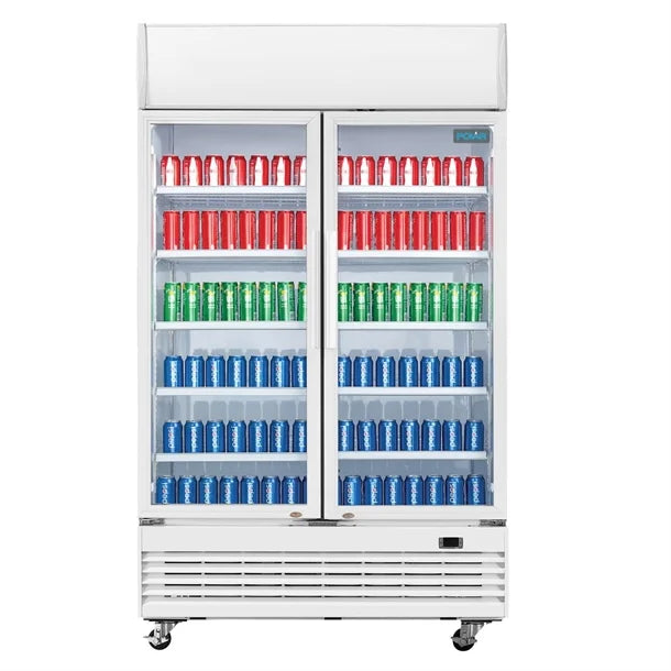 Polar G-Series Upright Display Cooler with Light Box 950Ltr - 500W. White finish. R290. Hinged Doors