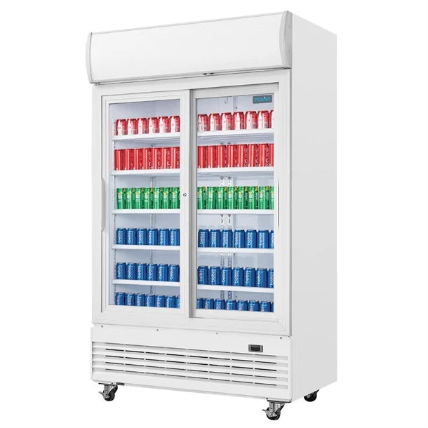 Polar G-Series Upright Display Cooler with Light Box 950Ltr with Sliding Doors - 500W. White finish. R290