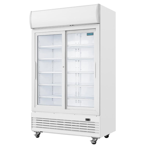 Polar G-Series Upright Display Cooler with Light Box 950Ltr with Sliding Doors - 500W. White finish. R290