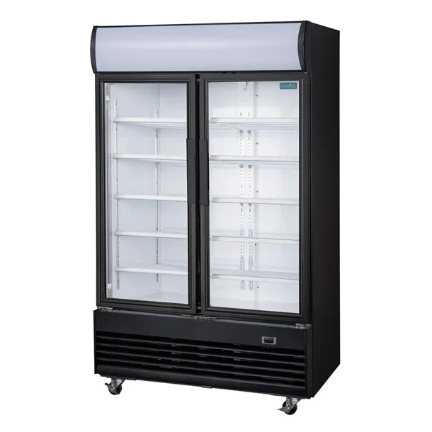 Polar G-Series Upright Hinged Door Display Cooler with Light Box 950Ltr Black - 500W. Black finish. R290. Hinged Doors