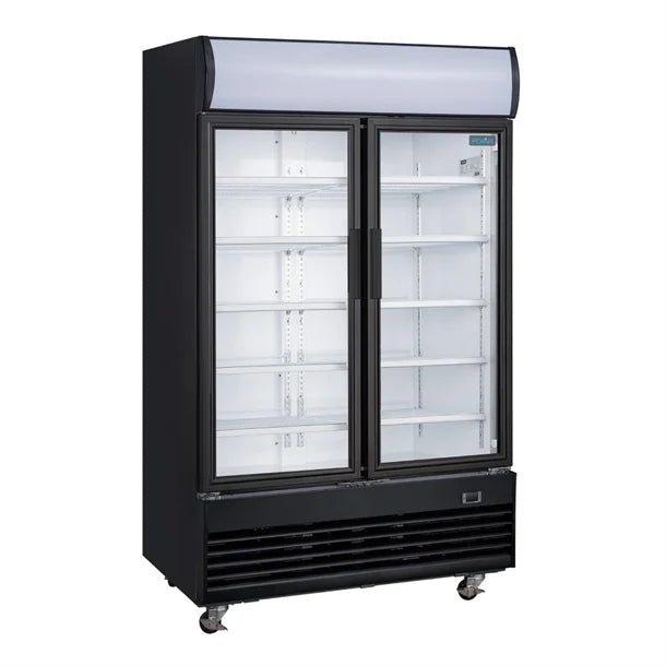 Polar G-Series Upright Hinged Door Display Cooler with Light Box 950Ltr Black - 500W. Black finish. R290. Hinged Doors