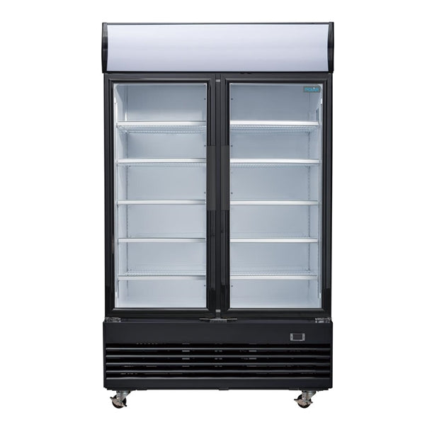 Polar G-Series Upright Hinged Door Display Cooler with Light Box 950Ltr Black - 500W. Black finish. R290. Hinged Doors