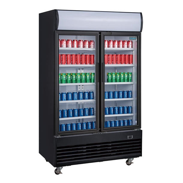 Polar G-Series Upright Hinged Door Display Cooler with Light Box 950Ltr Black - 500W. Black finish. R290. Hinged Doors