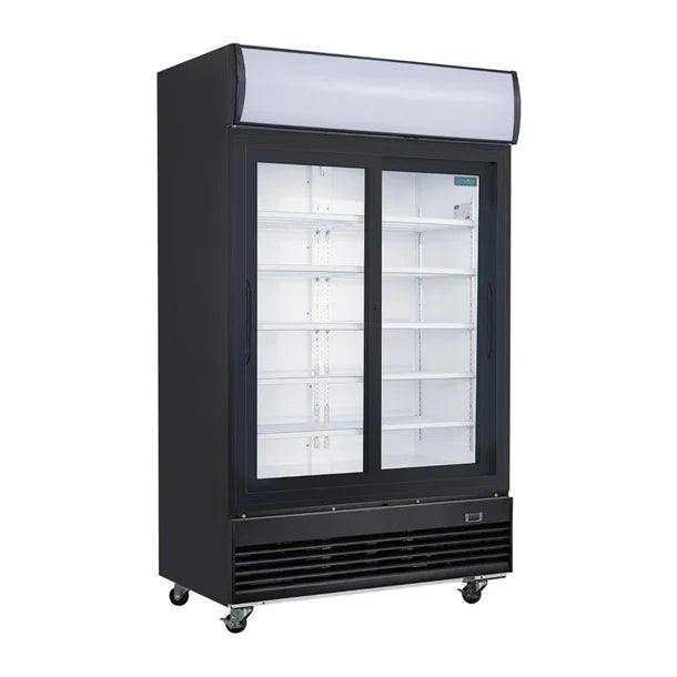 Polar G-Series Upright Sliding Door Display Cooler with Light Box 950Ltr Black - 500W. Black finish. R290. Sliding Doors
