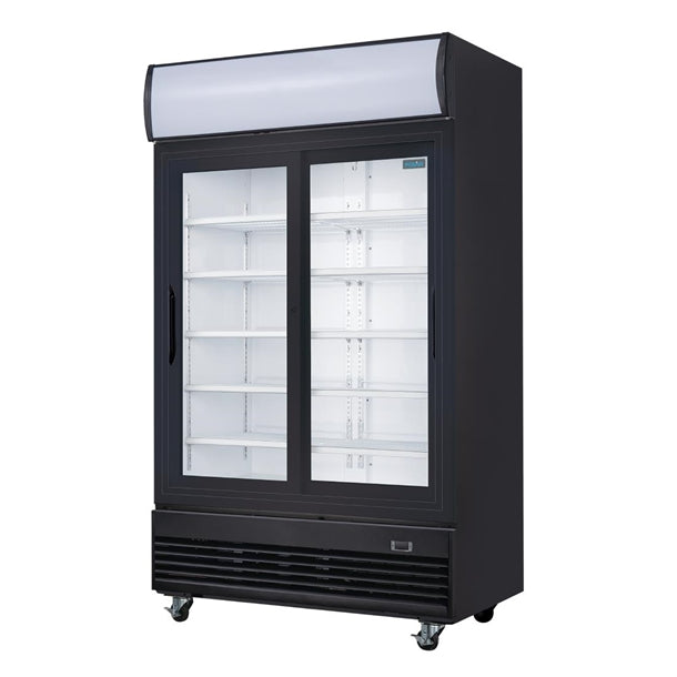 Polar G-Series Upright Sliding Door Display Cooler with Light Box 950Ltr Black - 500W. Black finish. R290. Sliding Doors