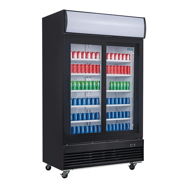 Polar G-Series Upright Sliding Door Display Cooler with Light Box 950Ltr Black - 500W. Black finish. R290. Sliding Doors