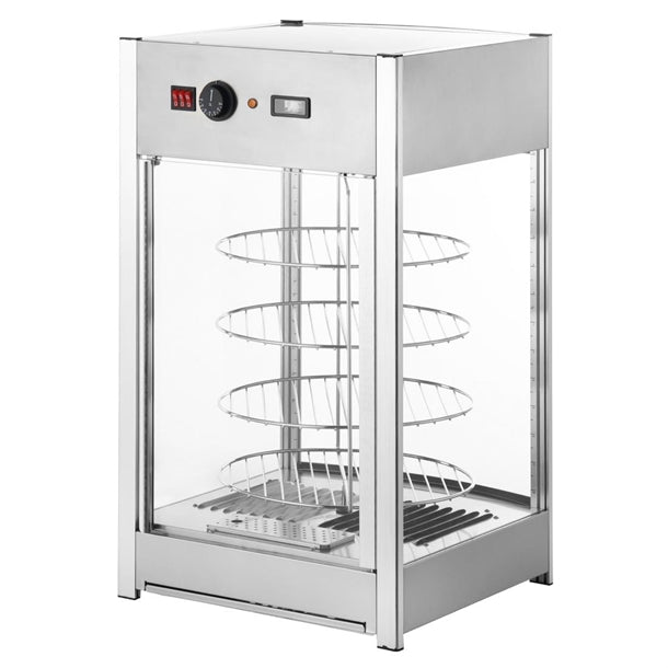 Apuro 4 Tier Heated Pizza Display Merchandiser - 800W. Capacity: Up to 4x 355mm pizzas. Adjustable temperature.
