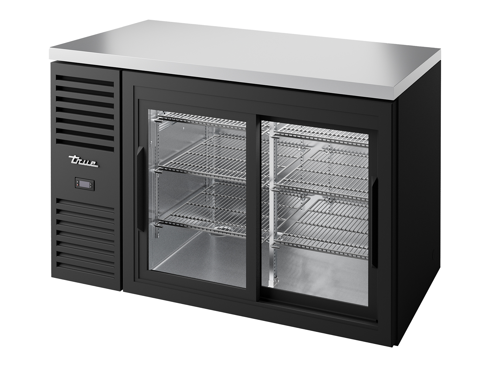 True - Bar Refrigerator, Black Ext, 2 Glass Slide Doors
