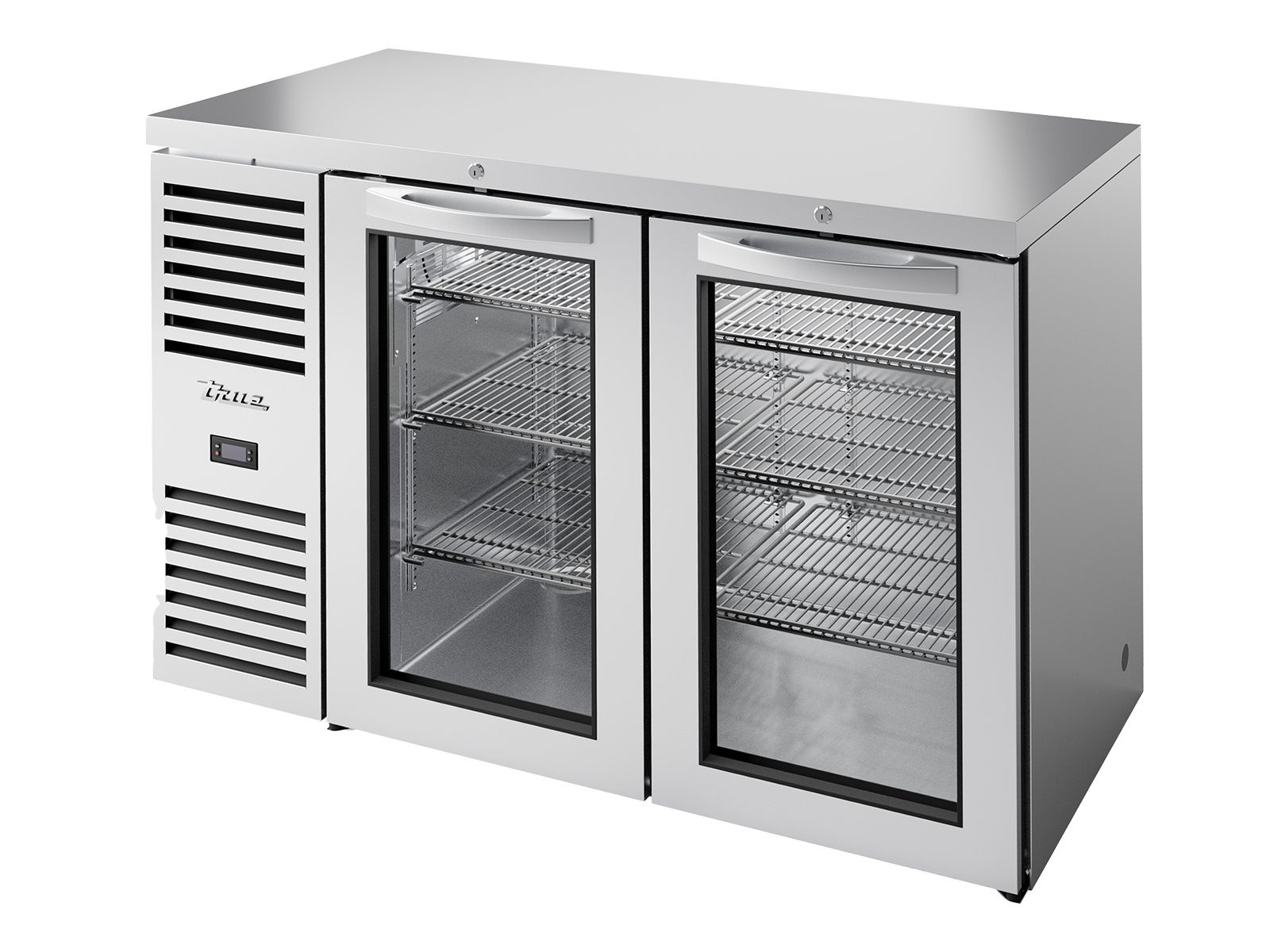 True - Bar Refrigerator, Stainless Steel Ext, 2 Glass Swing Doors