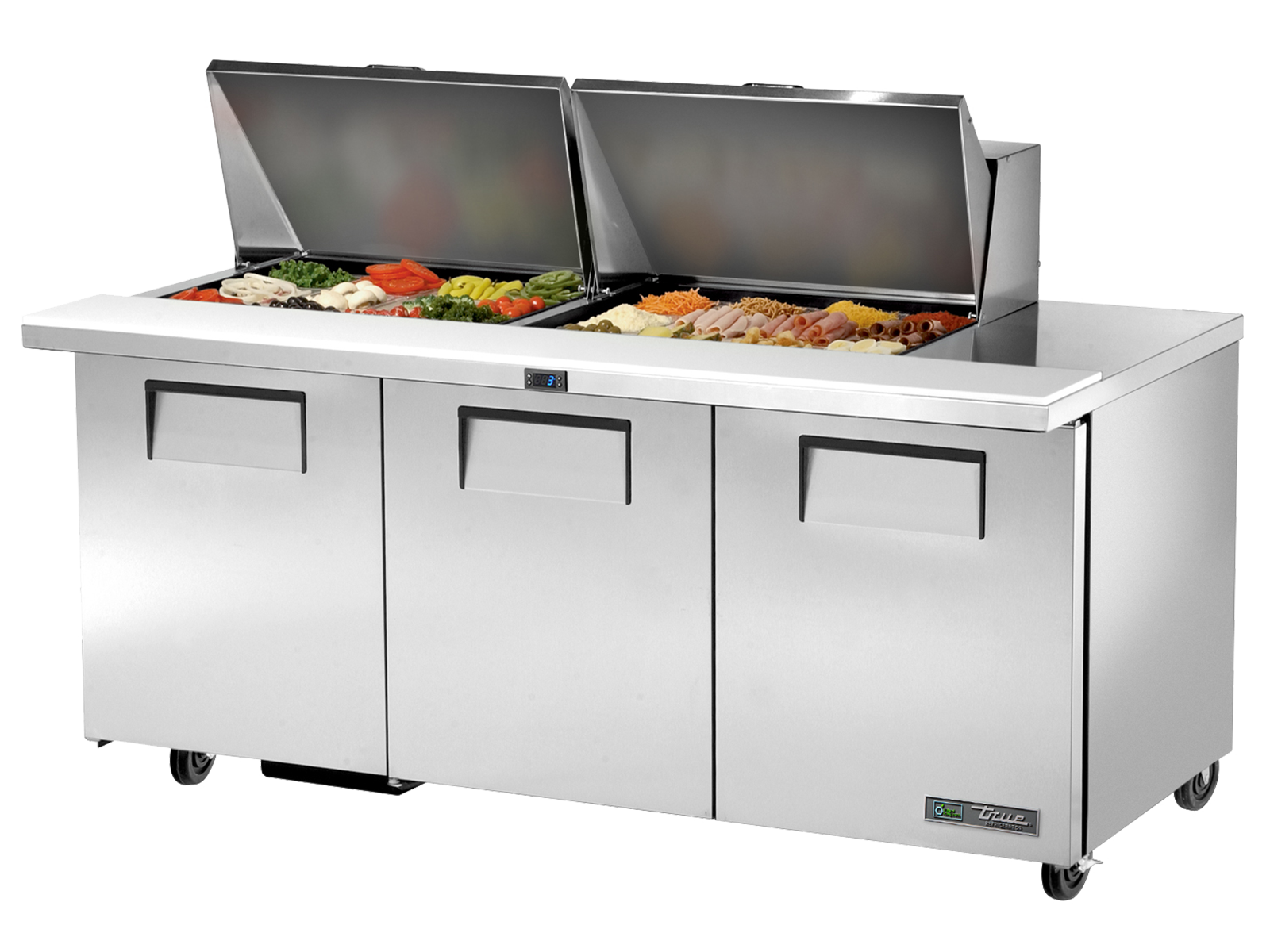 True - Prep Table, 24x 1/6 Top Pans, 3 Solid Swing Doors